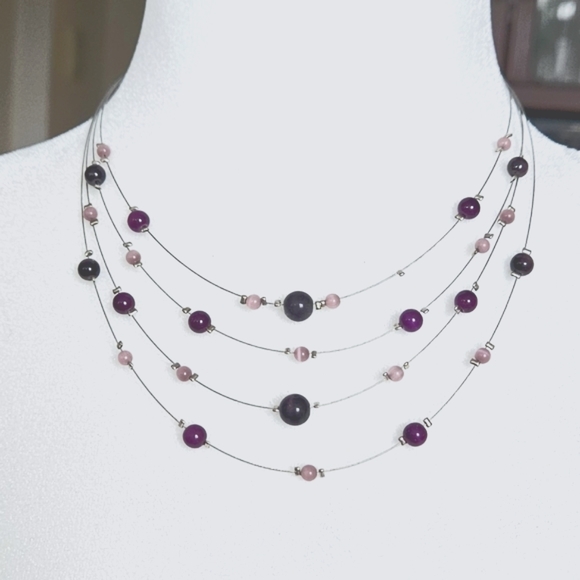 Free with purchase - 4 strings necklace - purple beads on wire - Picture 1 of 9
